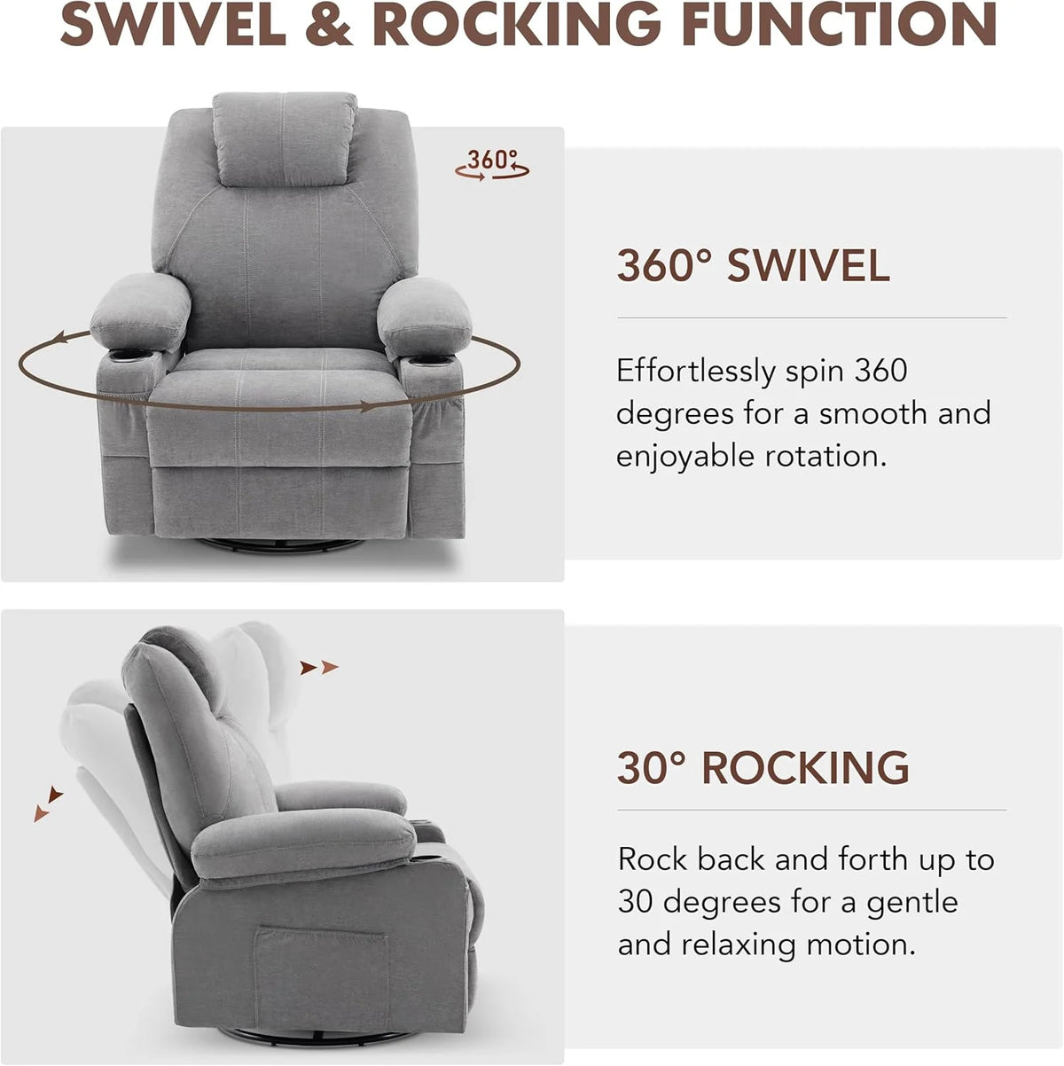 Large Swivel Rocking Recliner with Heating and Massage Function, 360 Degree Swivel Rocking Single Sofa