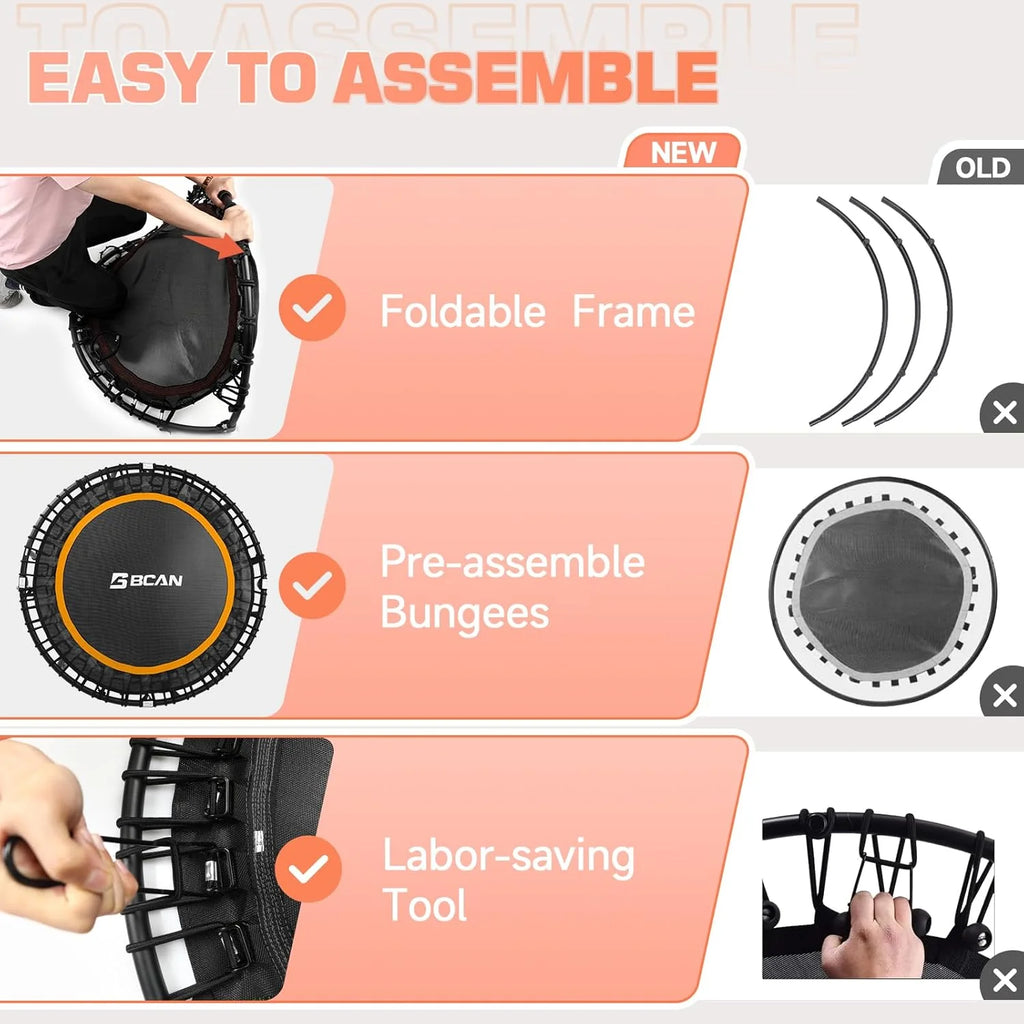 BCAN 450/550 LBS Foldable Mini Trampoline, 40/48 Fitness Trampoline with Bungees, U Shape Adjustable Foam Handle, Stable & Quiet Exercise Rebounder for Adults Indoor/Outdoor Workout