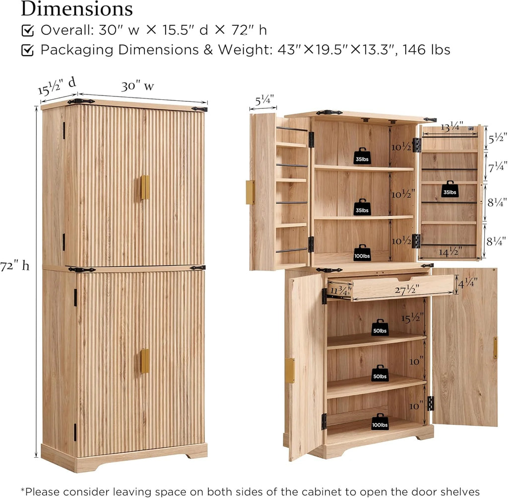 Fluted Pantry Cabinet, 72 Tall Modern Storage Cabinet with 4 Doors, Organizer, Drawer and Adjustable Shelves, Wood Cupboard