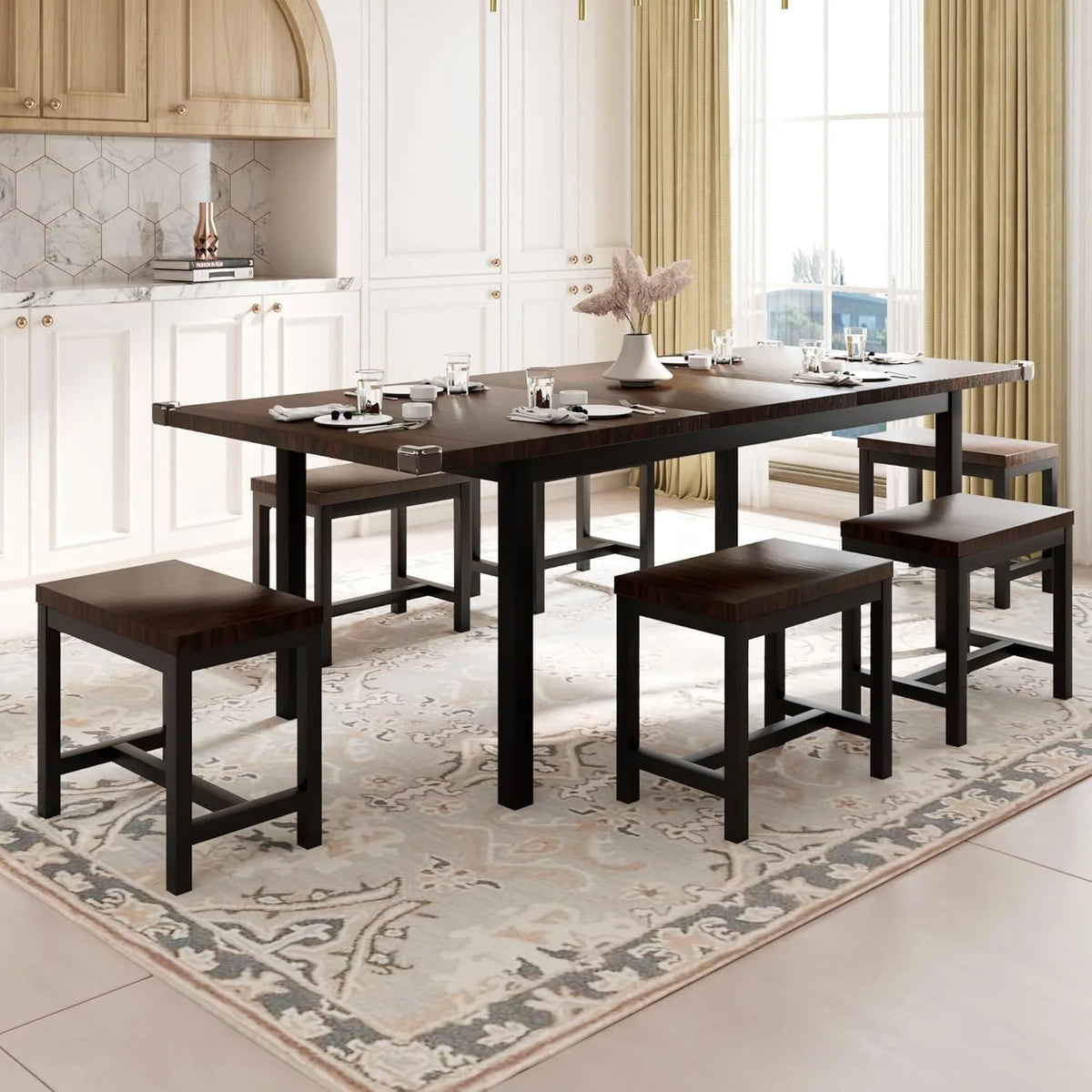 Feonase 5 Piece Dining Table Set for 4-8 People 63 Large Extendable Kitchen Table Set