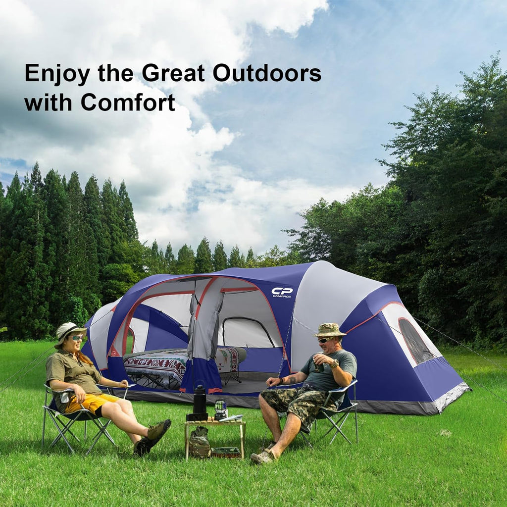 CAMPROS CP Tent 12-Person-Camping-Tents,3 Room Family Tents,Waterproof Windproof Family Tent with Top Rainfly,6 Large Mesh Windows,Double Layer,Easy Set Up, Portable with Carry Bag-20' x 9' x 72(H)