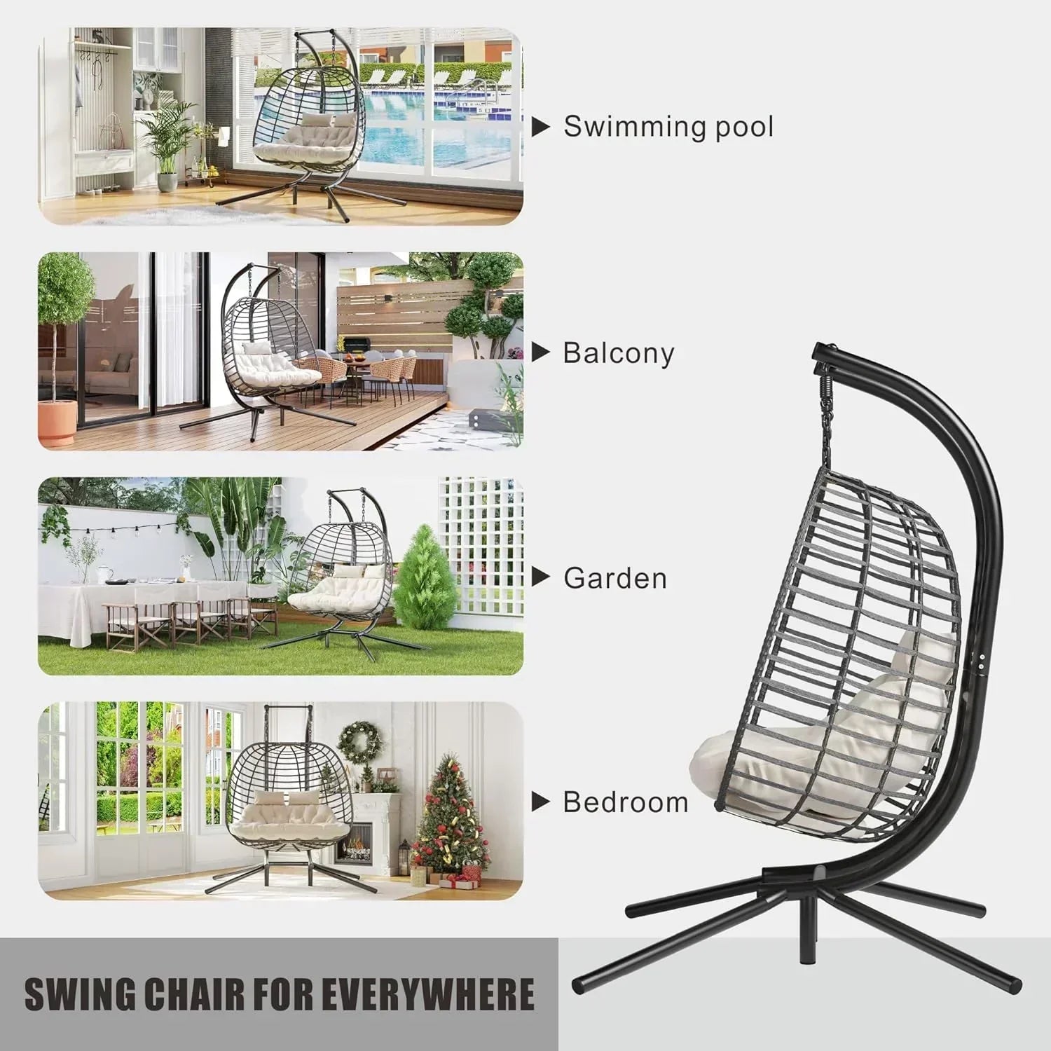 HWB Hanging Egg Chair with Stand Patio Wicker Hammock Egg Swing Chair Cushion for Bedroom