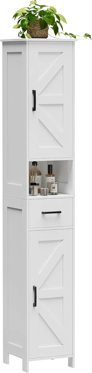 Homhedy 67 H Tall Bathroom Storage Cabinet with 2 Barn Doors and 1 Drawer Narrow Storage Unit