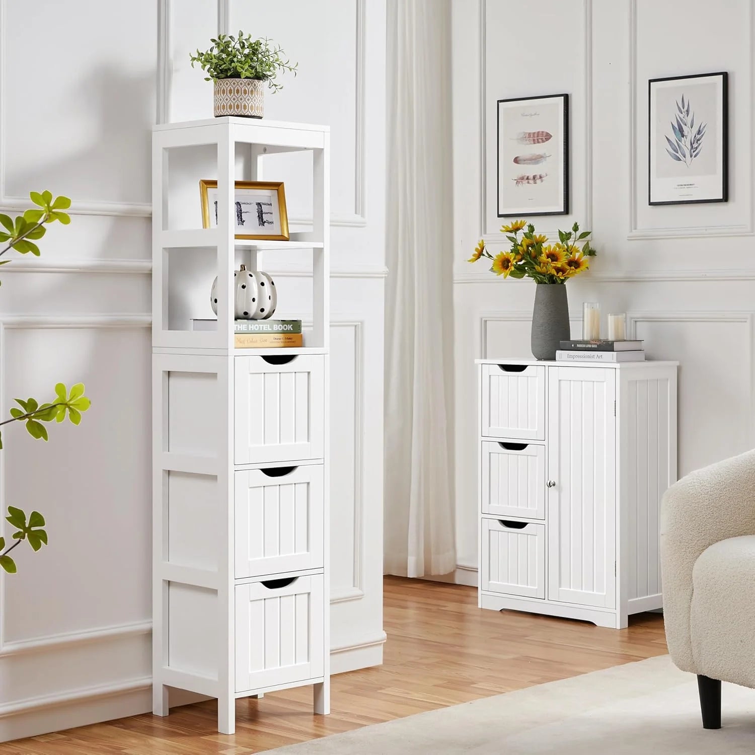 Yaheetech Bathroom Floor Cabinet, Wooden Storage Cabinet with 2 Drawers, Multifunctional Side Organizer Rack Stand Table, White