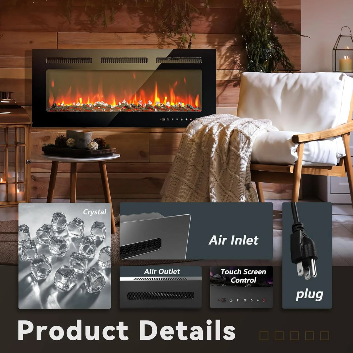 EUHOMY 50 Inch Electric Fireplace Wall Recessed and Wall Mounted with Adjustable Flame Color, Fireplace Heater with Remote Control, Linear Fireplace with Timer, Touch Screen, Log & Crystal, 750/1500W