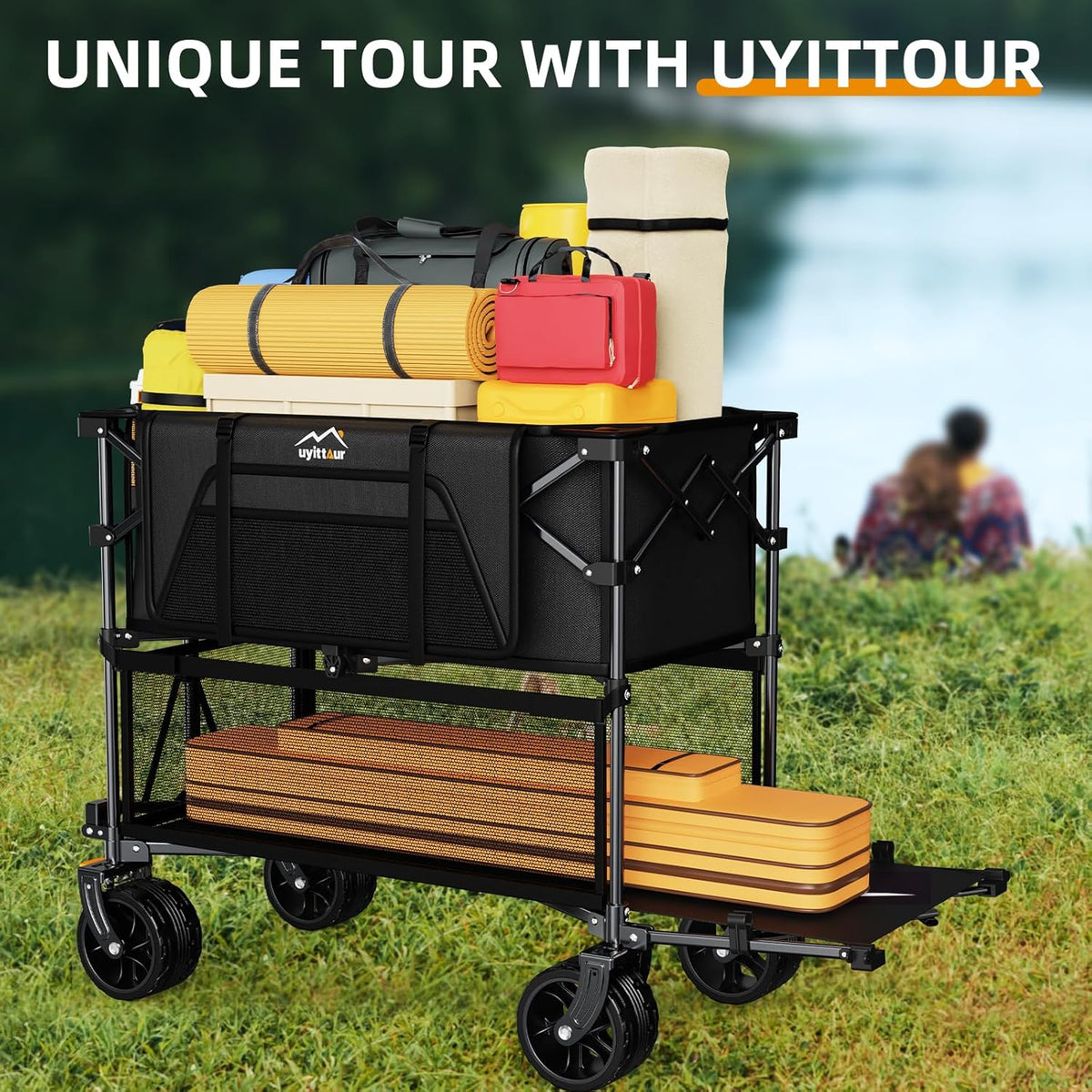 Foldable 50''L Extra Long Double Decker Wagon for Sport 400L Collapsible Heavy Duty Wagon Cart