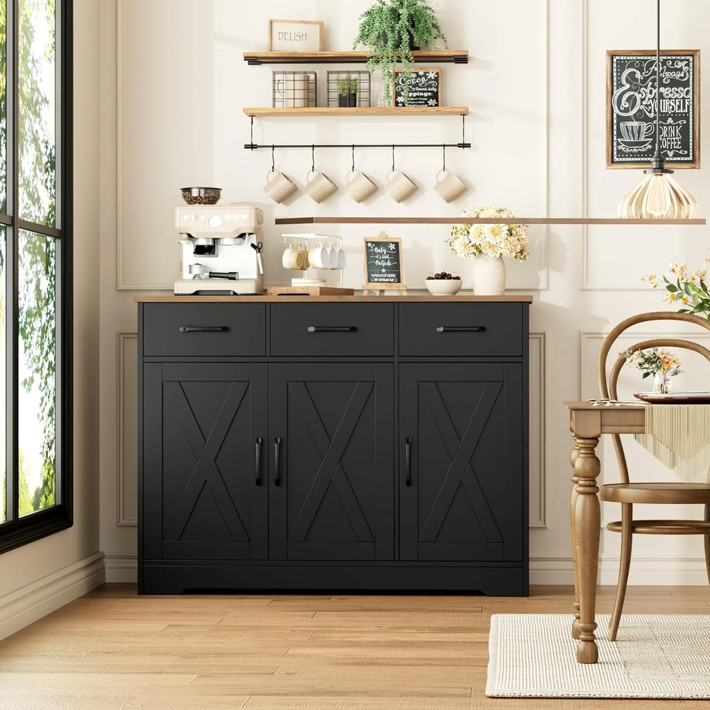 Modern farmhouse sideboard, barn door buffet storage cabinet with drawers and shelves, wooden coffee bar with storage
