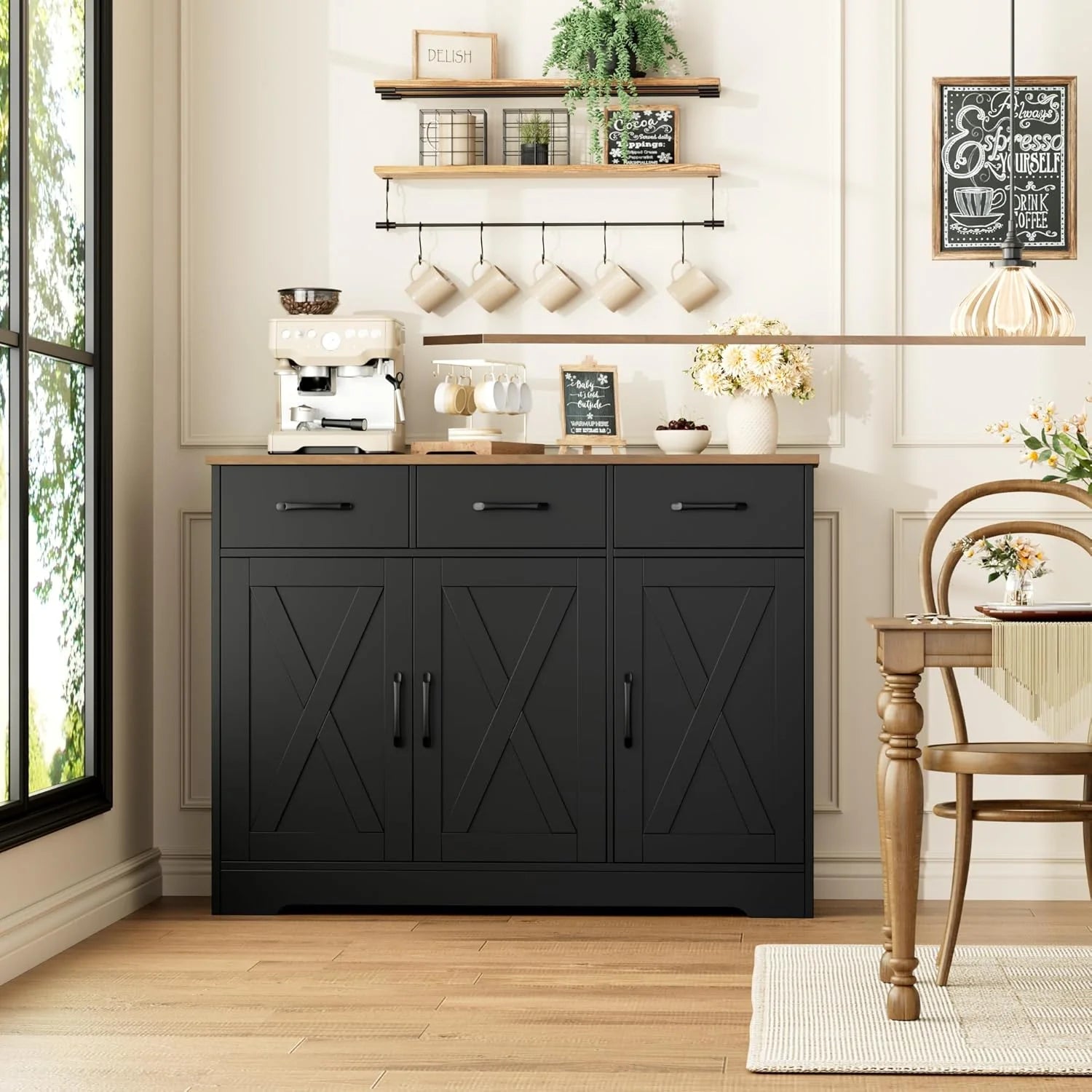 Modern farmhouse sideboard, barn door buffet storage cabinet with drawers and shelves, wooden coffee bar with storage
