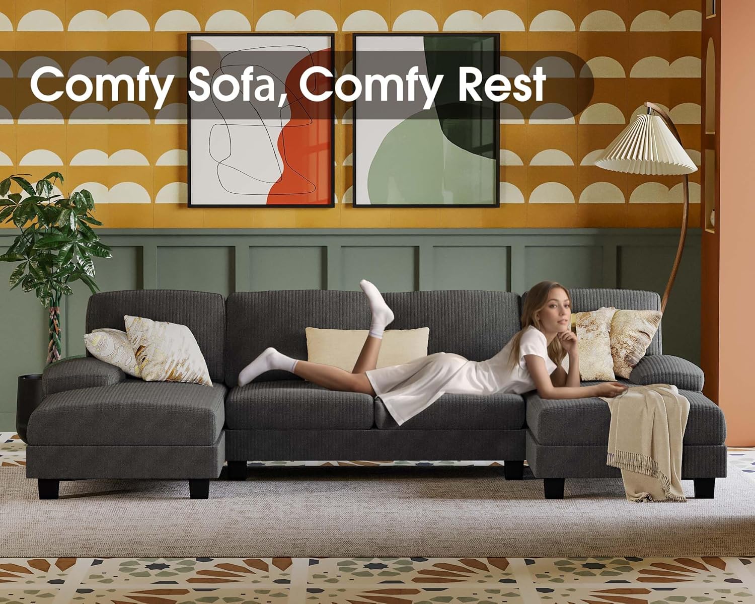 Furmax Sectional Couches for Living Room U-Shaped Sofa Couch Linen Fabric 4 Seat Sofa Set