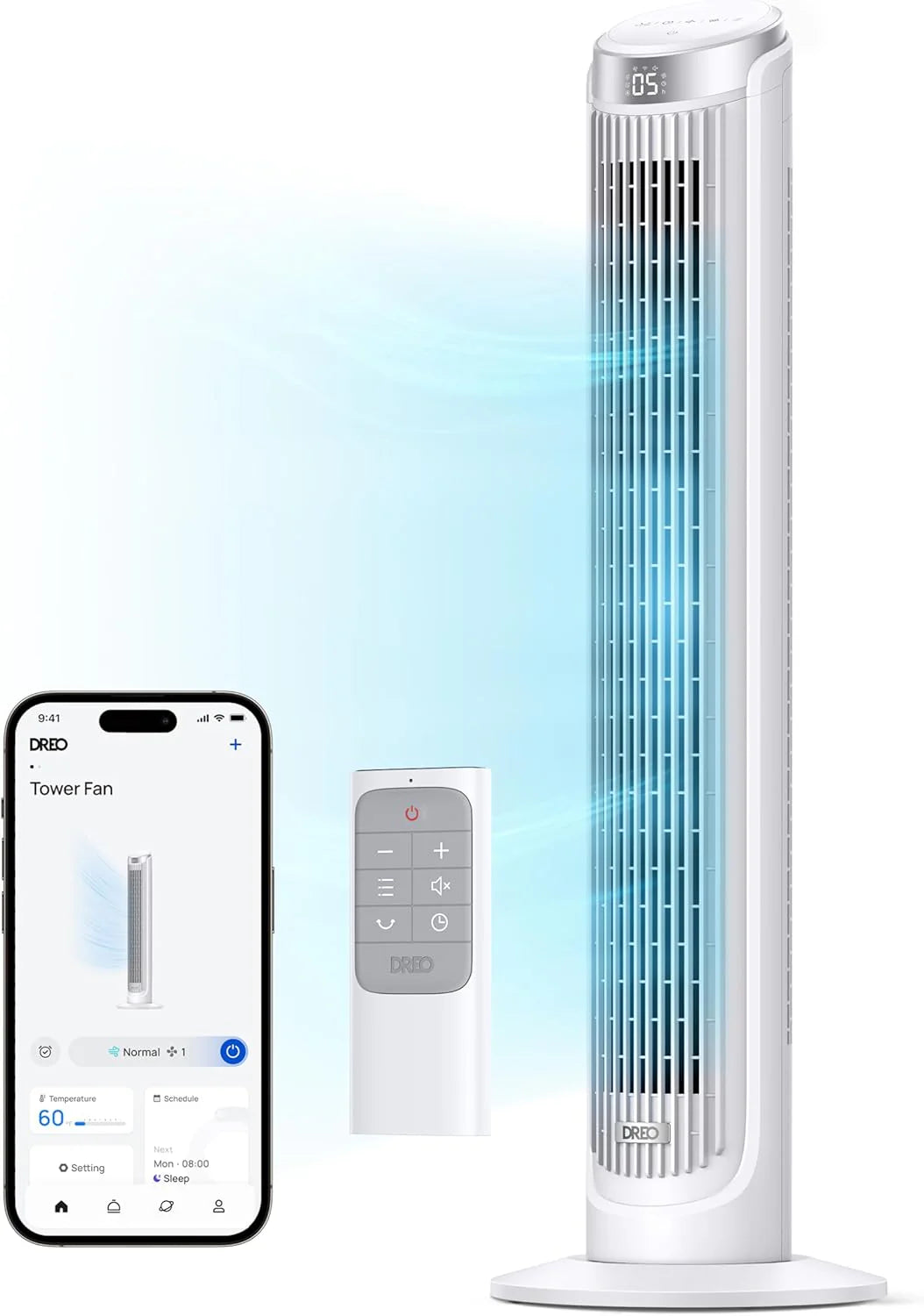 DREO Smart Tower Fan for Bedroom, 90�� Oscillating 40 Standing Fan, 26ft/s High-Speed 5 Speeds 4 Modes, Quiet Room Floor Fans, Touch/Remote/APP & Voice Control, Work with Alexa, 12H Timer, Silver