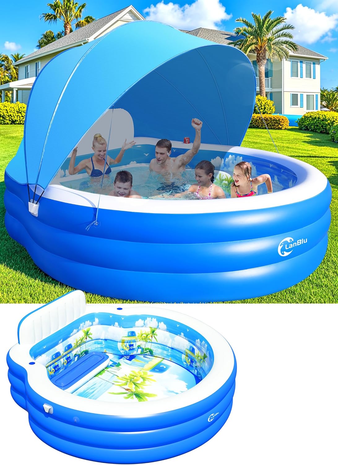 2025 Upgraded Inflatable Pool with Canopy, Inflatable Family Lounge Pool, Round Blow Up Pool for Adult with Bench & Backrest, Swim Center Easy Backyard Pools for Kids & Adults, 92x92x26, Blue
