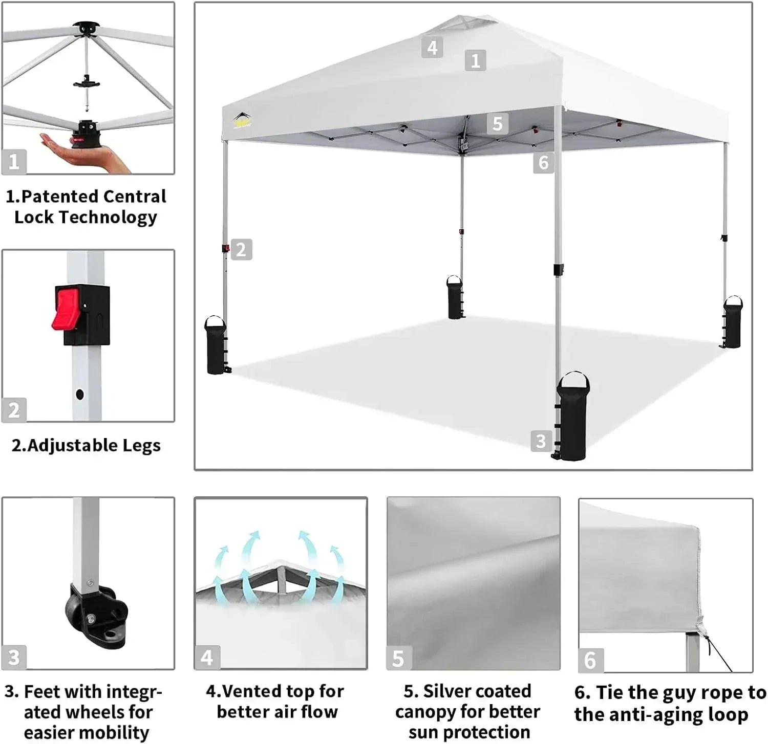 10x10 Pop-Up Awning One-Click Installation Beach Tent Outdoor Sunshade Silver Coated Top