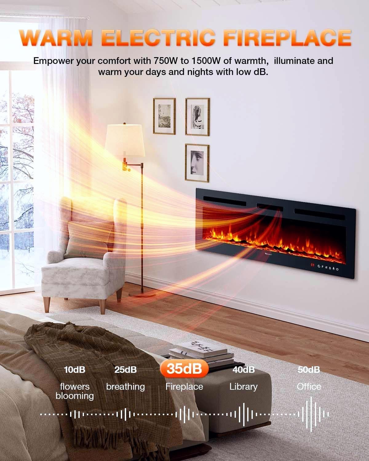 Electric Fireplace 60Inch Wall Mounted Electric Fireplace Heater with Timer Inserts TV Stand