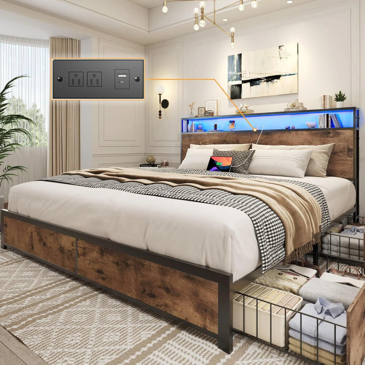 Lifezone Queen Bed Frame with 2-Tier Storage Headboard, Metal Platform Bed Frame with 4 Storage Drawers, Built in Charging Station & LED, Noise-Free/Metal Support/No Box Spring Needed
