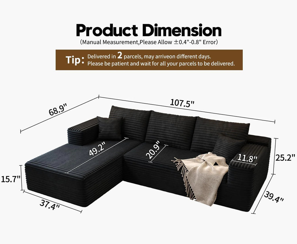 107.5 inch Cloud Modular Sectional Sofa with L-Shaped Chaise Lounge, Modern Minimalist Upholstered Sofa Deep Seating Corner Sofa