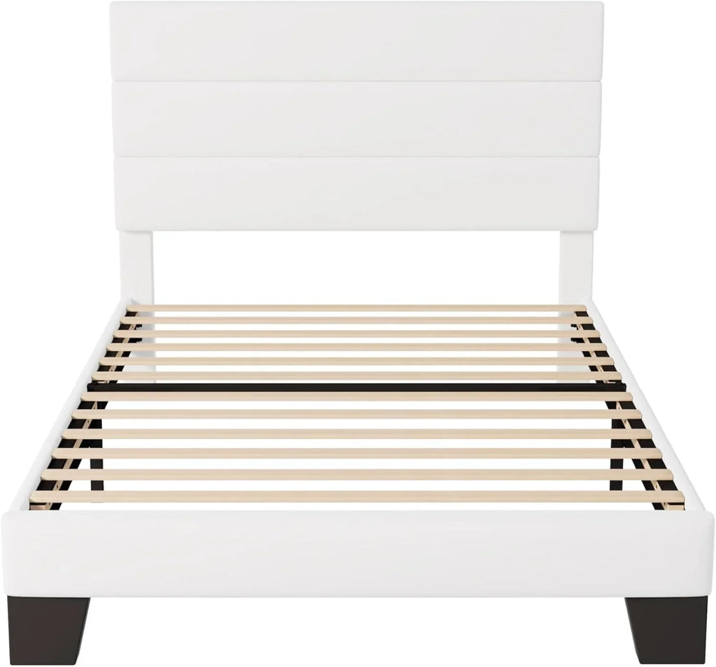 Allewie King size platform bed frame with velvet upholstered headboard and planks