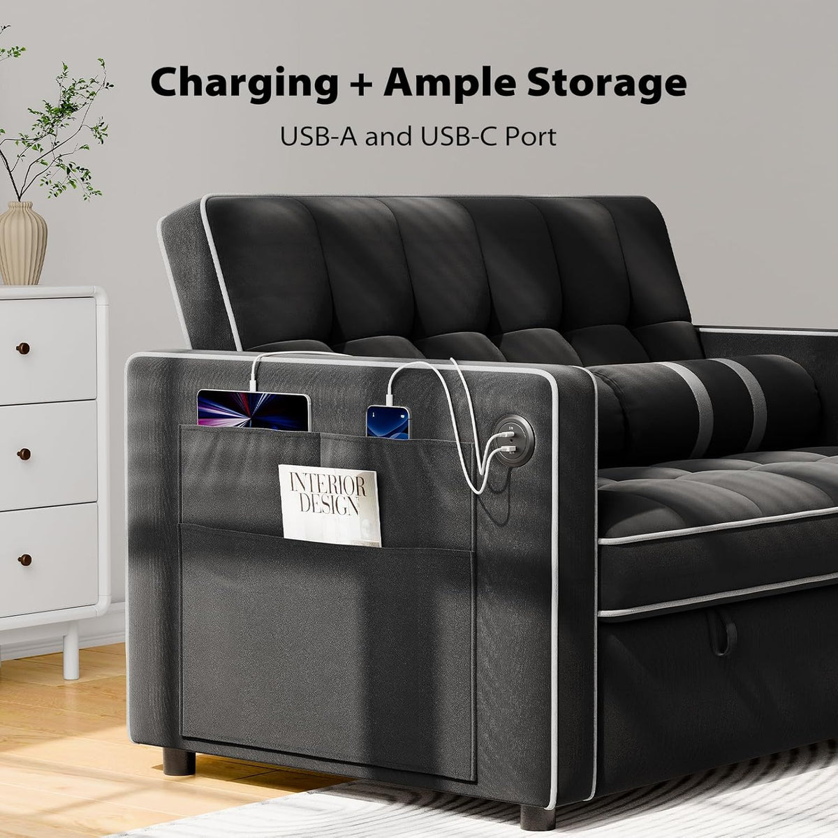 Pipishell 3 in 1 Convertible Sleeper Sofa Bed Pull Out Couch for Living Room USB Ports Side Pockets