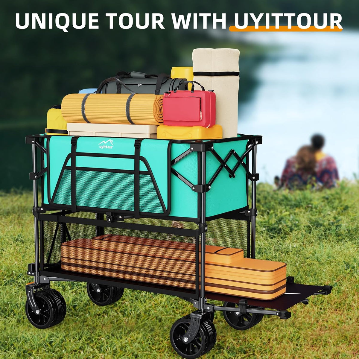 Foldable 50''L Extra Long Double Decker Wagon for Sport 400L Collapsible Heavy Duty Wagon Cart