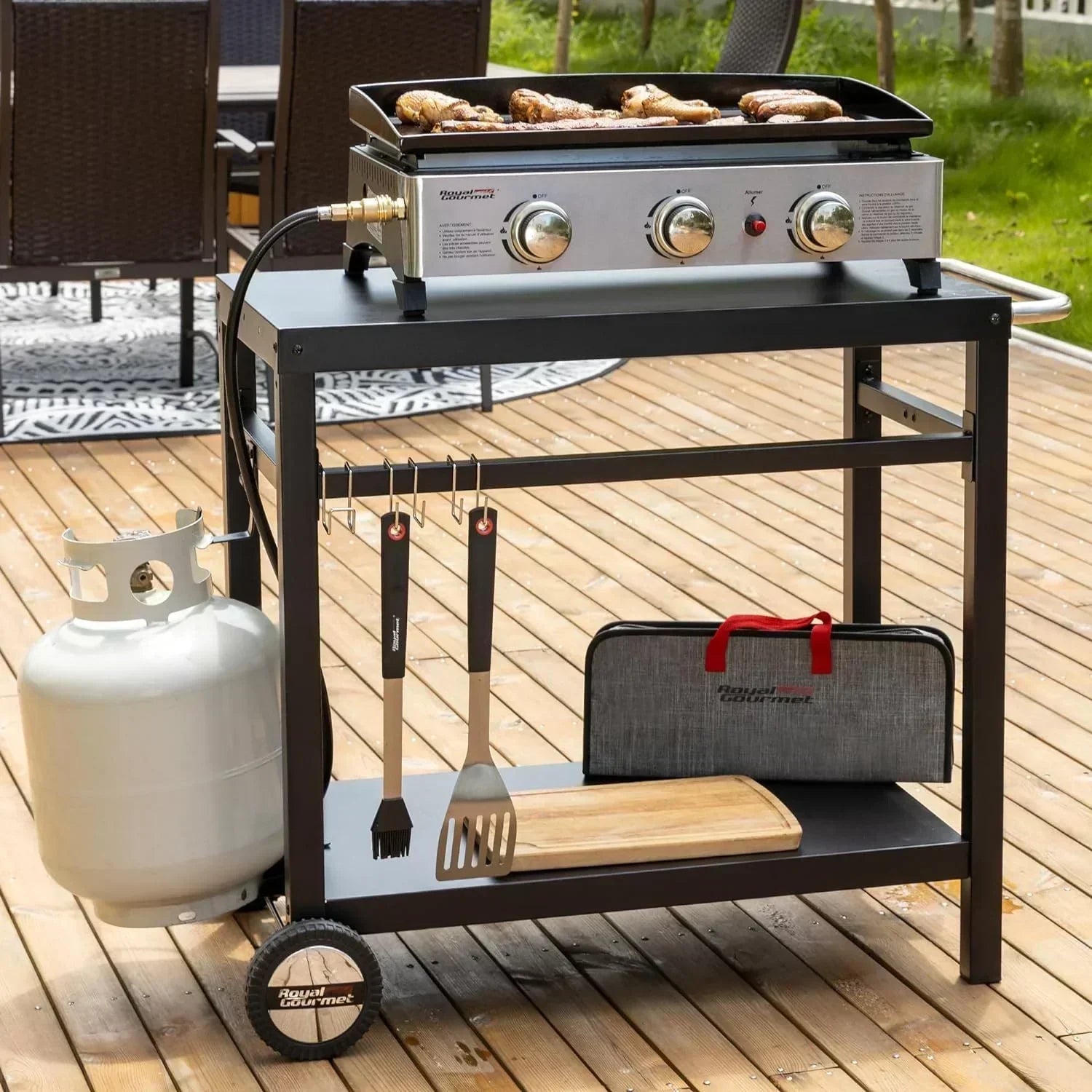 Royal Gourmet Dining Cart Table with Double-Shelf Movable Stainless Steel Flat Top Grill Cart