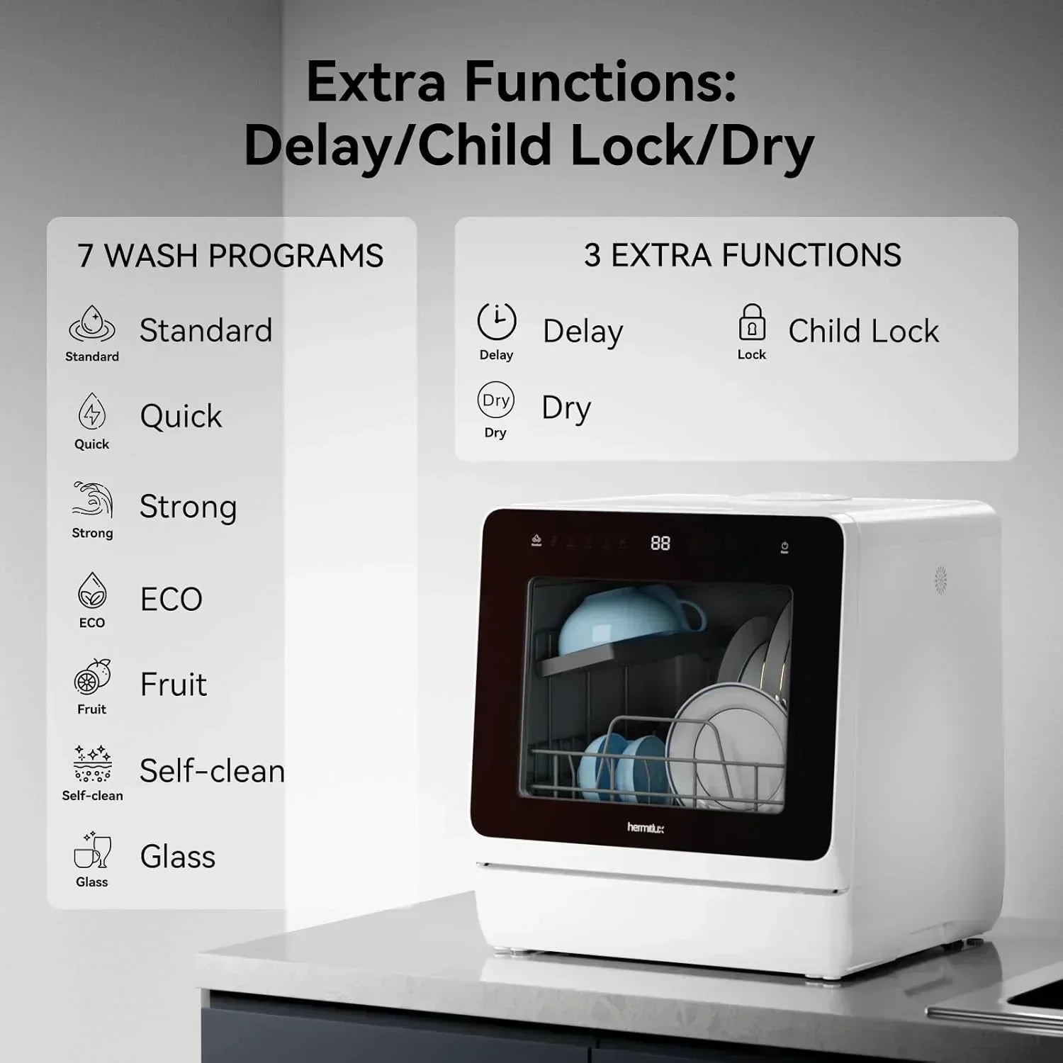 Hermitlux tabletop dishwasher 7 wash programs portable mini dishwasher