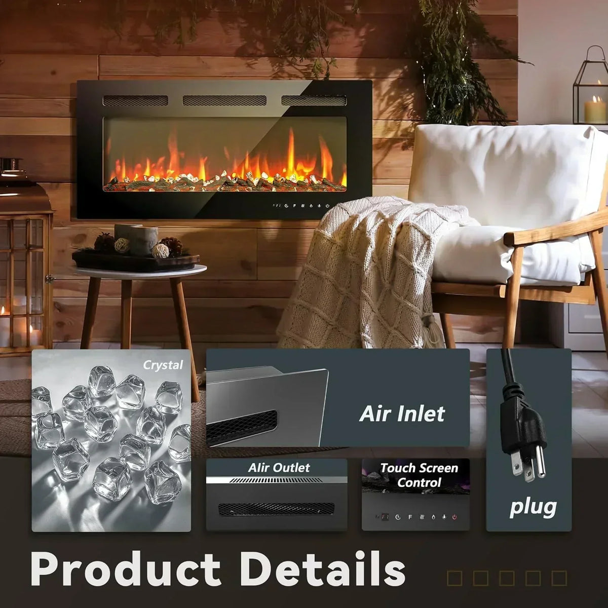 EUHOMY 50 Inch Electric Fireplace Wall Recessed Adjustable Flame Color Fireplace Heater