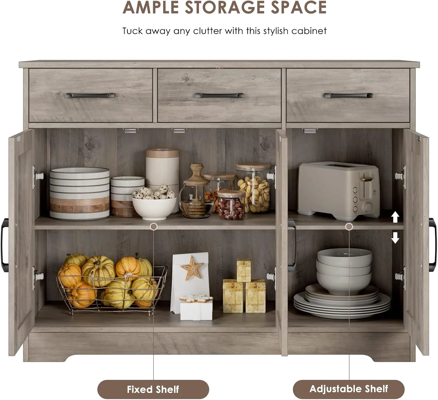 Modern farmhouse sideboard, barn door buffet storage cabinet with drawers and shelves, wooden coffee bar with storage