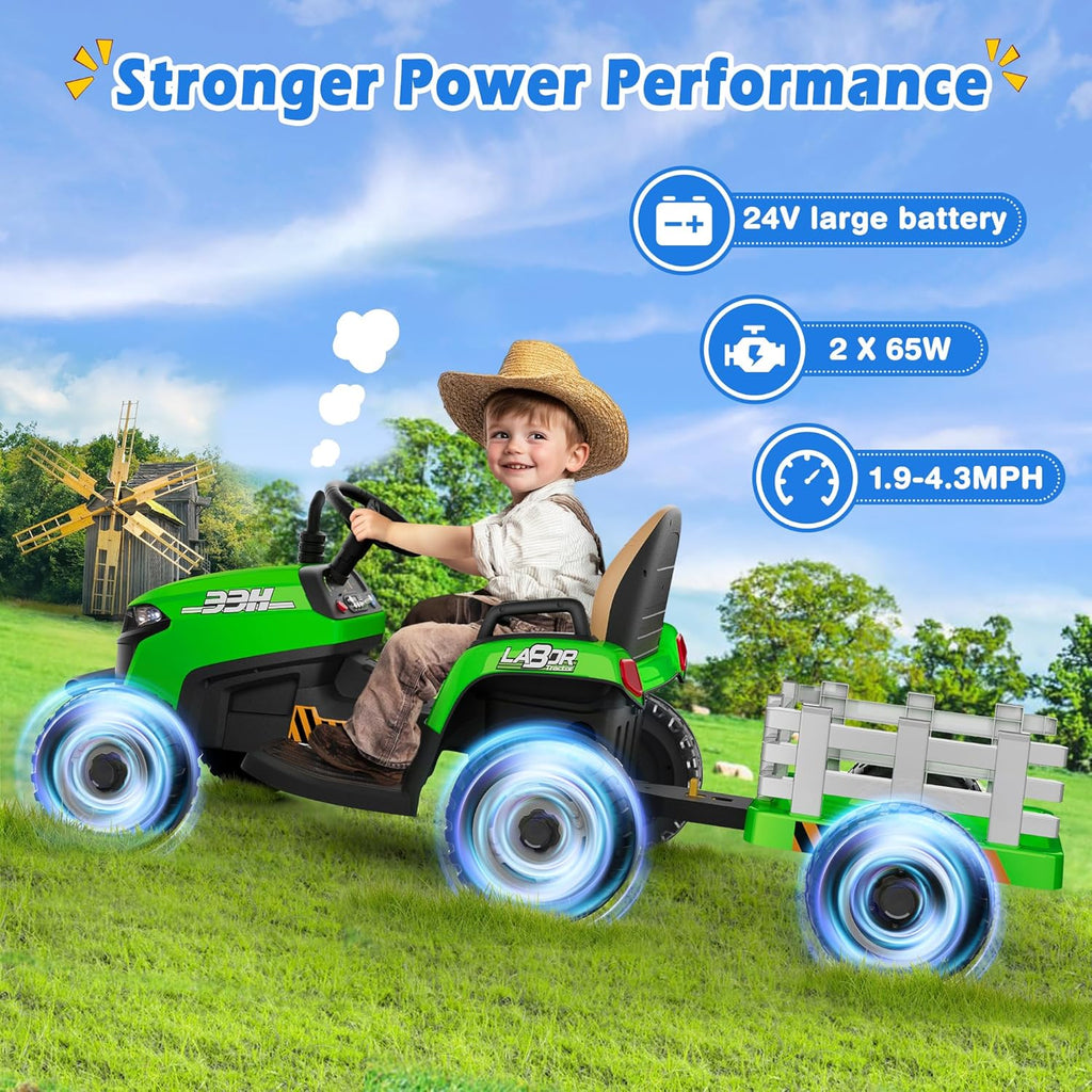 24V Ride On Tractor Tiltable Detachable Trailer 2x65W Motors EVA Tires Remote Control