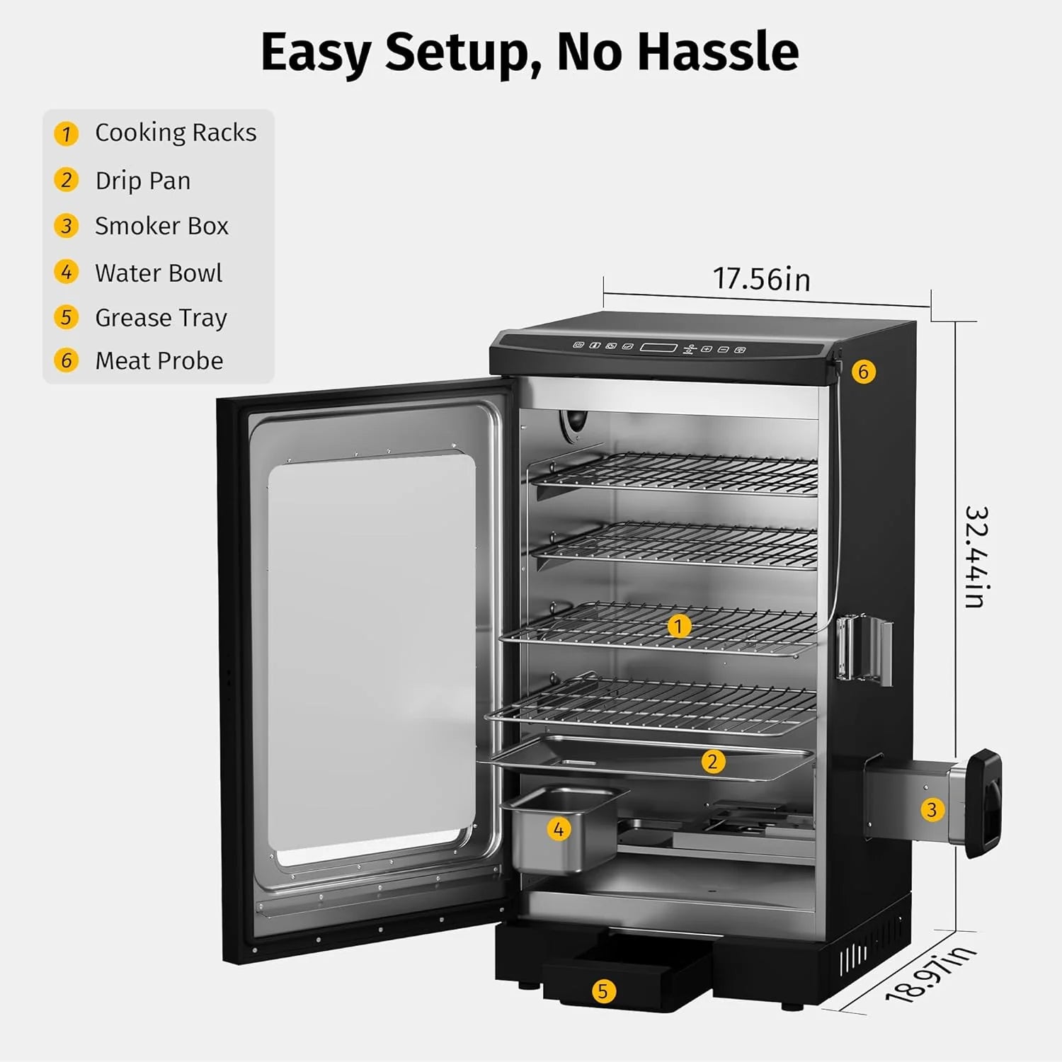 EAST OAK 30 Outdoor Electric Smoker | Built-in meat probe, smokes up to 6 times longer in a single load, side loader for uninterrupted smoking