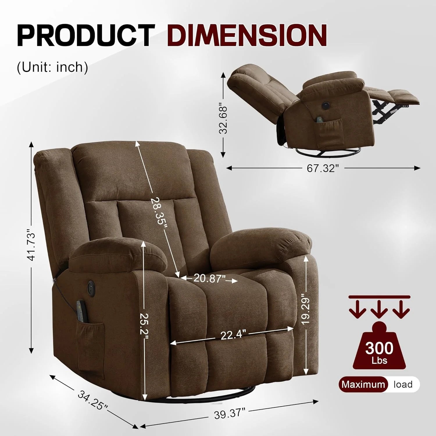 Rocker Recliner, Glider Recliner Chairs for Adults, 360�� Swivel Rocking Chair with Massage and Heating, Nursery Chair