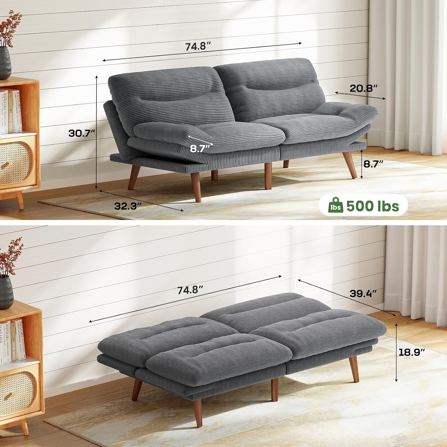 Futon Sofa Bed Futon Sofa Adjustable Back Armrests Converts to Small Sleeper Sofa Bed