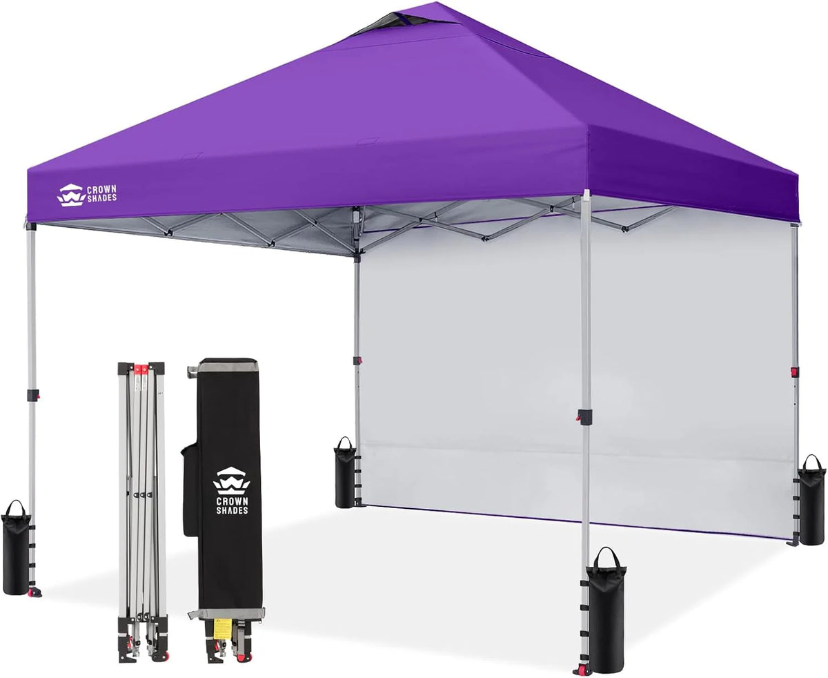 CROWN SHADES 10x10 Pop Up Canopy with 1 Side Wall - Beach Tent with One Push Setup - Outdoor Sun Shade for Events, Parties, Camping - Gazebo with STO-N-Go Cover Bag (White)