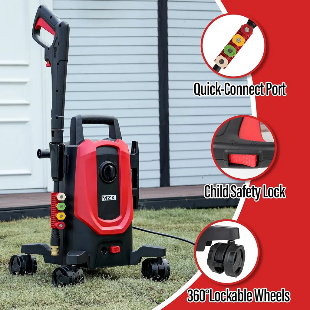 MZK electric high-pressure cleaner with 360�� quick-connect nozzle and easily replaceable foam cannon