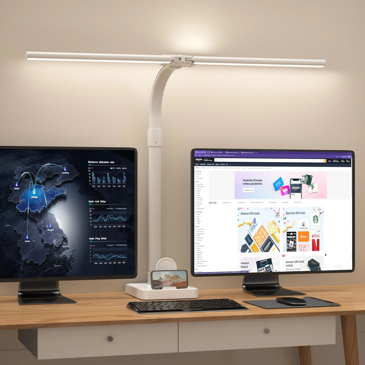 LED Desk Lamp for Home Office Double Head 24W Architect Light with 5 Brightness Levels Flexible Gooseneck