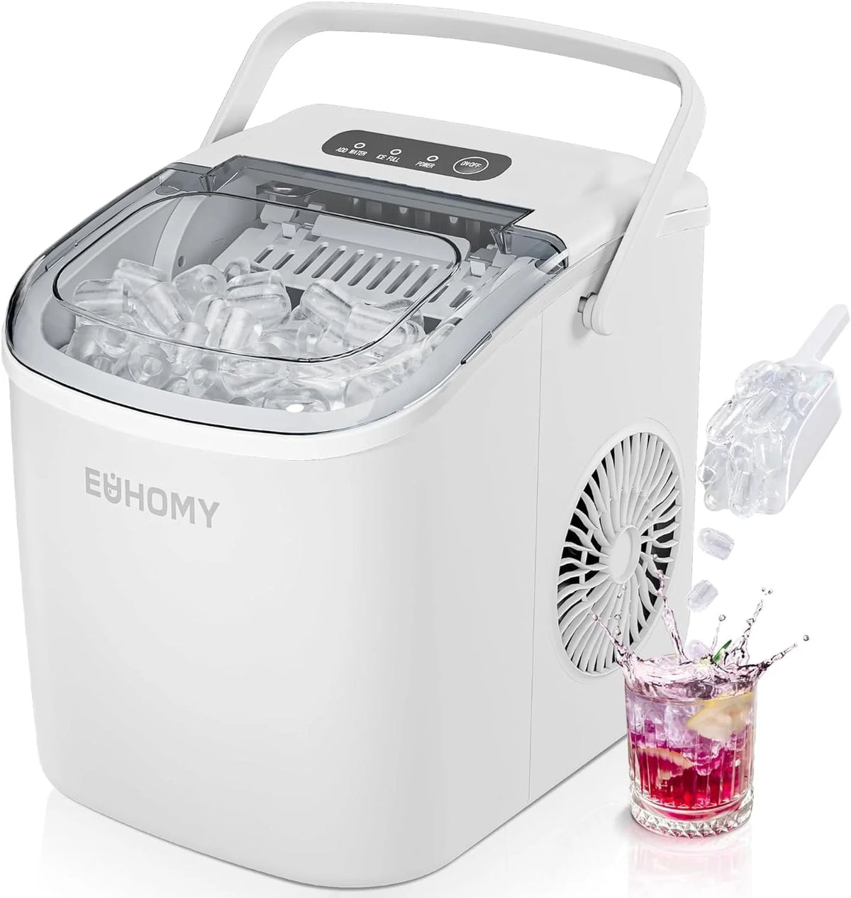 EUHOMY Countertop Ice Maker Machine with Handle, 26lbs in 24Hrs, 9 Ice Cubes Ready in 6 Mins, Auto-Cleaning Portable Ice Maker with Basket and Scoop, for Home/Kitchen/Camping/RV. (Black)