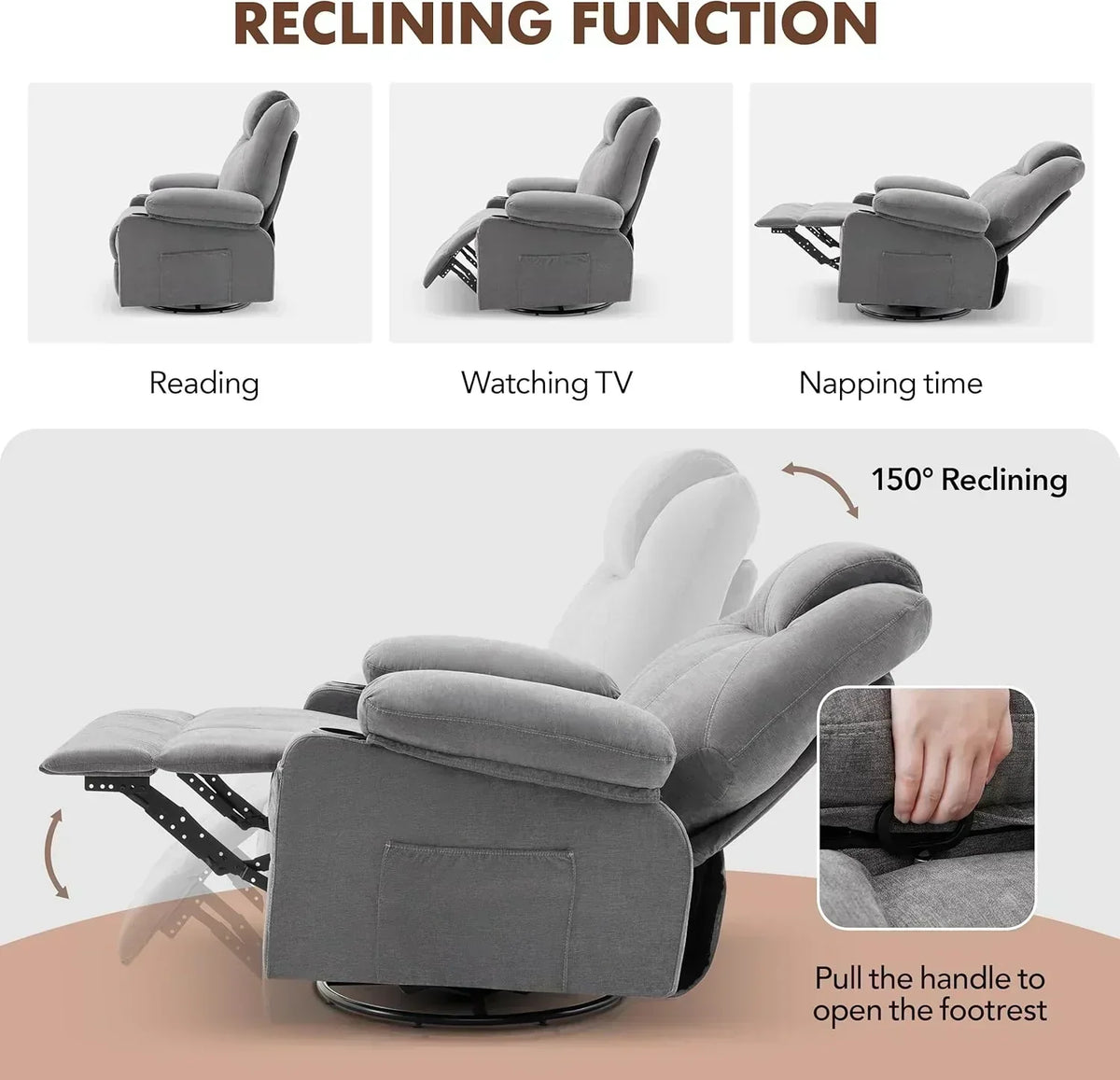 Large Swivel Rocking Recliner with Massage Function 360 Degree Swivel Rocking Single Sofa