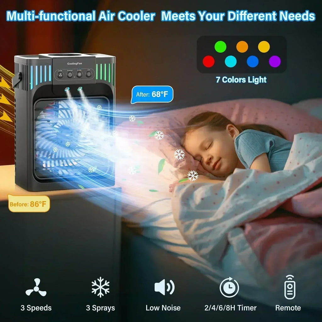 Portable Air Conditioners 4-in-1 Evaporative Air Cooler 3 Modes 7 LED Light Cooling Fan