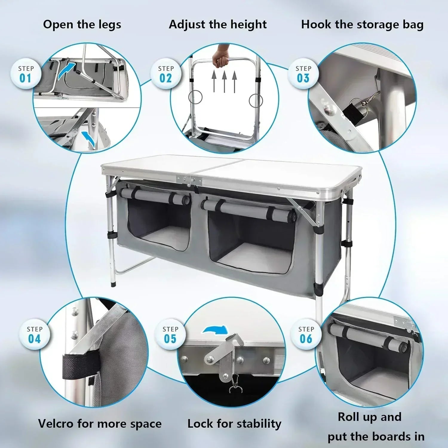 Outdoor Folding Table Aluminum Lightweight Height Adjustable with Storage Organizer