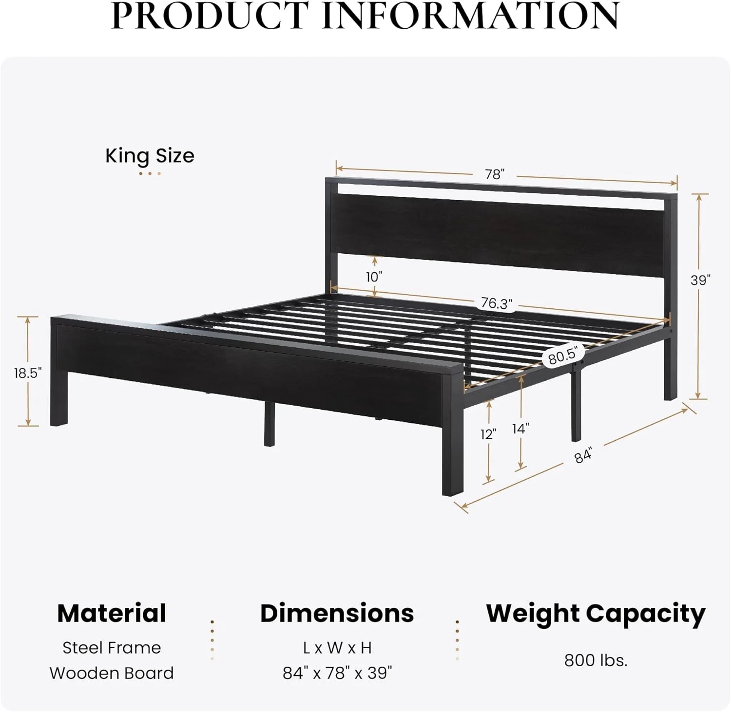 SHA CERLIN 14 Inch Queen Size Metal Platform Bed Frame with Wooden Headboard and Footboard