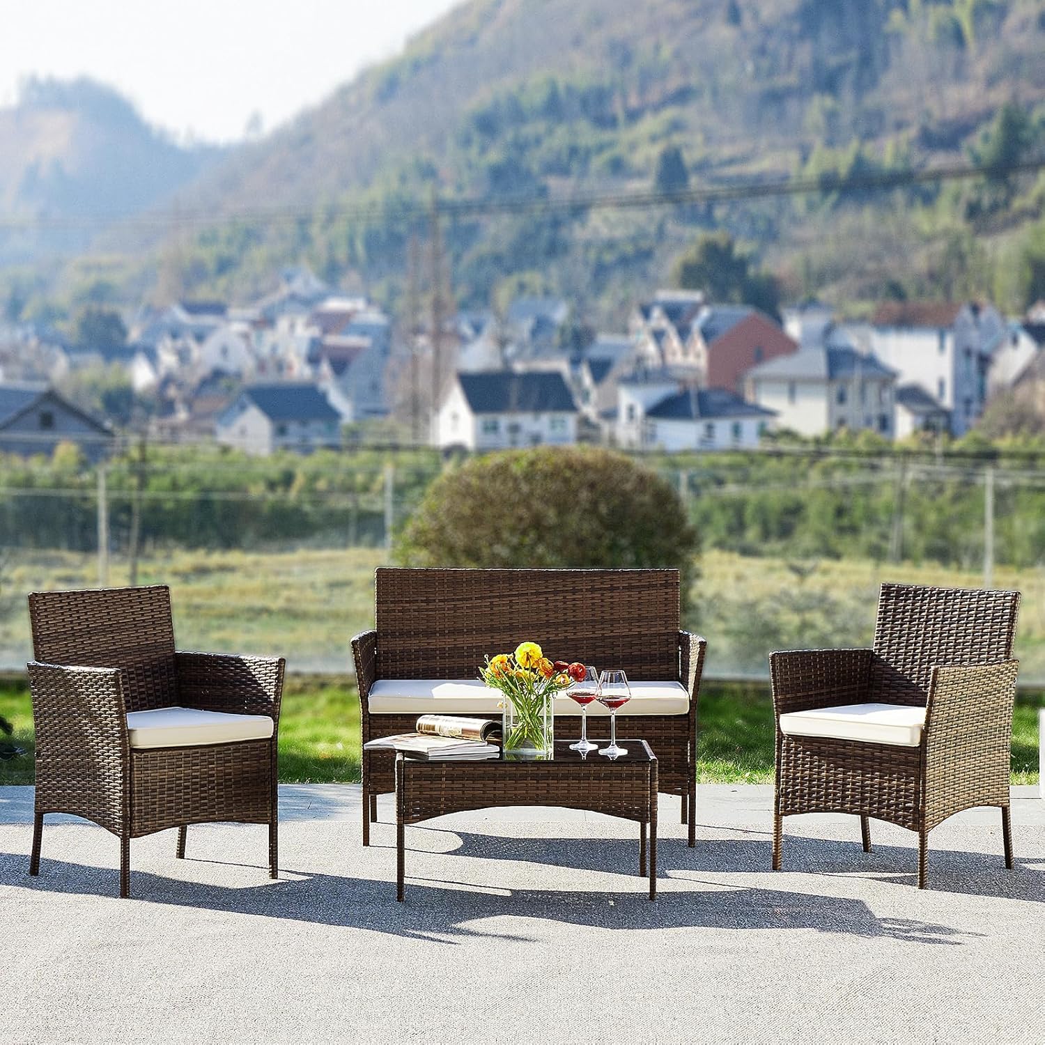 Sweetcripy Patio Furniture Set 3 Pieces Outdoor Furniture with Soft Cushion and Glass Table