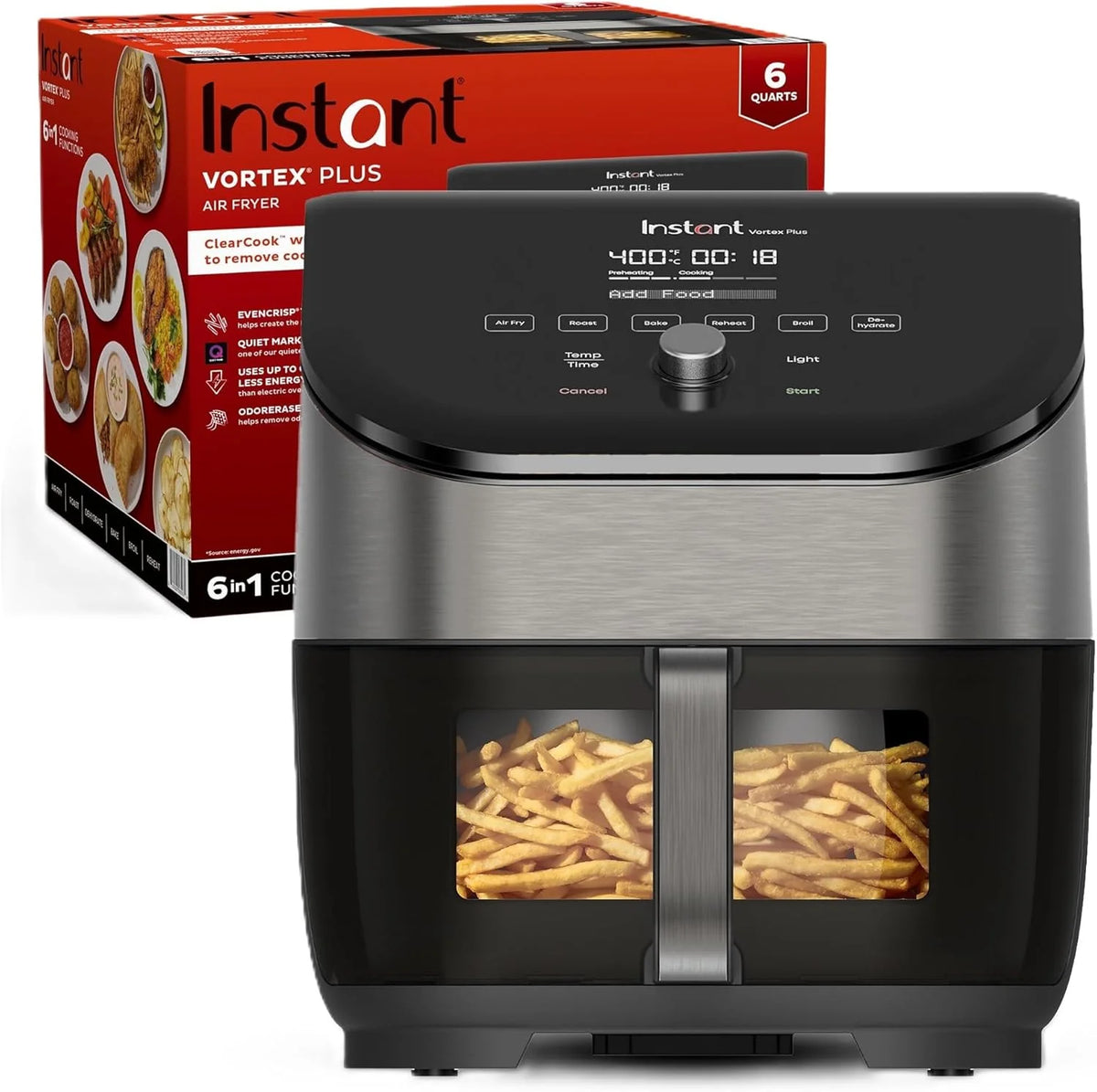 Instant Pot Vortex Plus 6QT Air Fryer with Odor Erase Technology,6-in-1 Functions that Crisps,Roasts, Broils,Dehydrates, Bakes & Reheats, 100+In-App Recipes, from the Makers of Instant Pot,1700W,Black