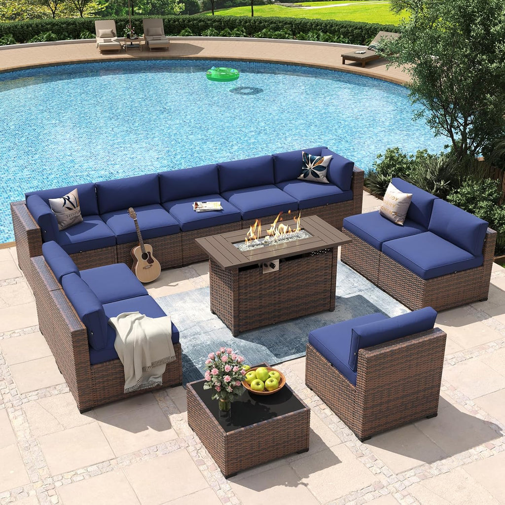 Aoxun 8 Piece Patio Furniture Set with 44?Fire Pit Table Wicker Rattan Outdoor Sectional Sofa Set with Coffee Table and Thickened Cushions, Beige (Waterproof Cover Included)