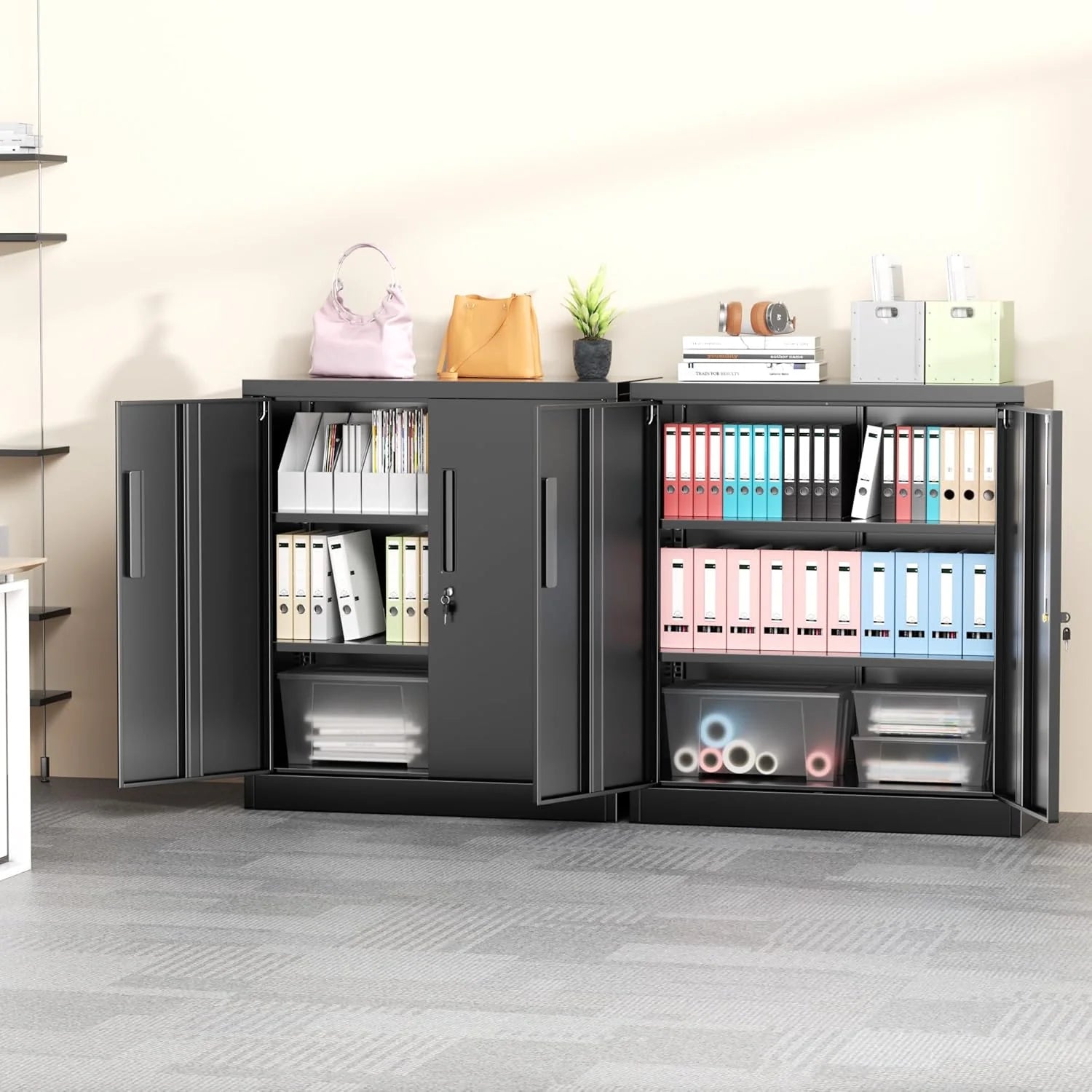 Greenvelly Metal Storage Cabinet, 72 Black Locking Metal Cabinet with 2 Doors and 4 Adjustable Shelves, Lockable Garage Storage Cabinets for Home Office, Garage, Kitchen, Living Room