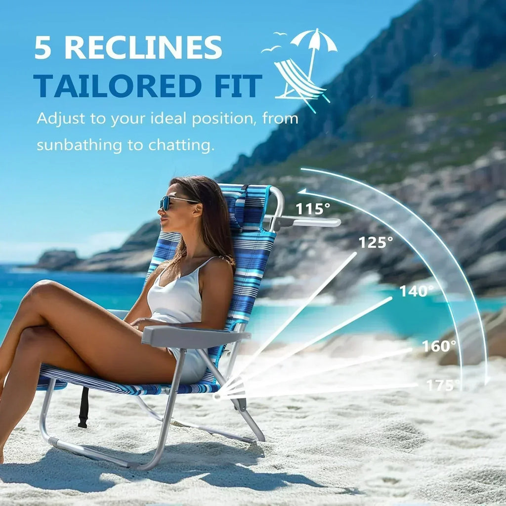5-Position Aluminum Lay Flat Tall Backpack Beach Chairs 2 Pack Compact Portable Beach Chairs
