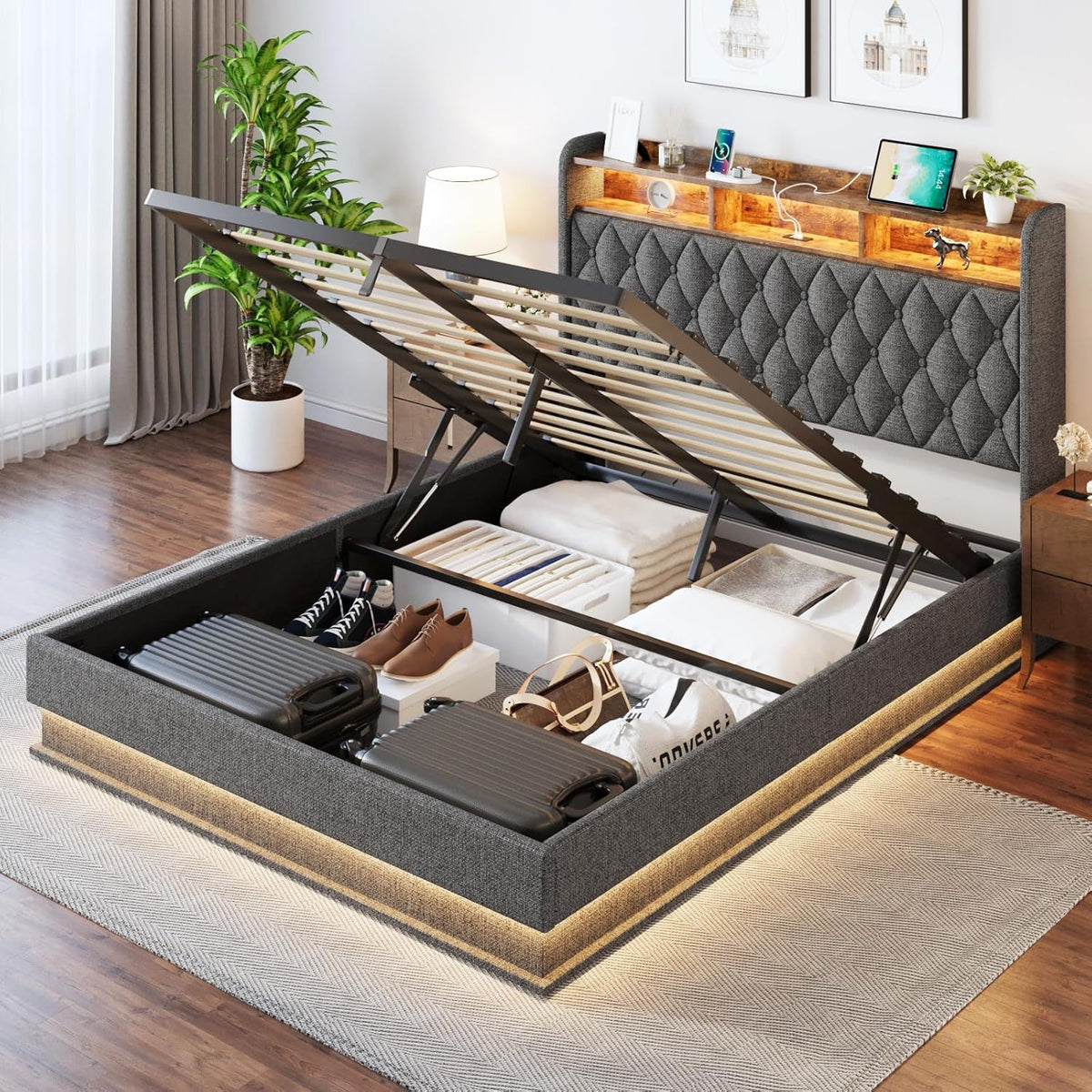 Queen Bed Frame Storage Lift Up Queen Size Bed Frame Headboard Upholstered Platform Bed