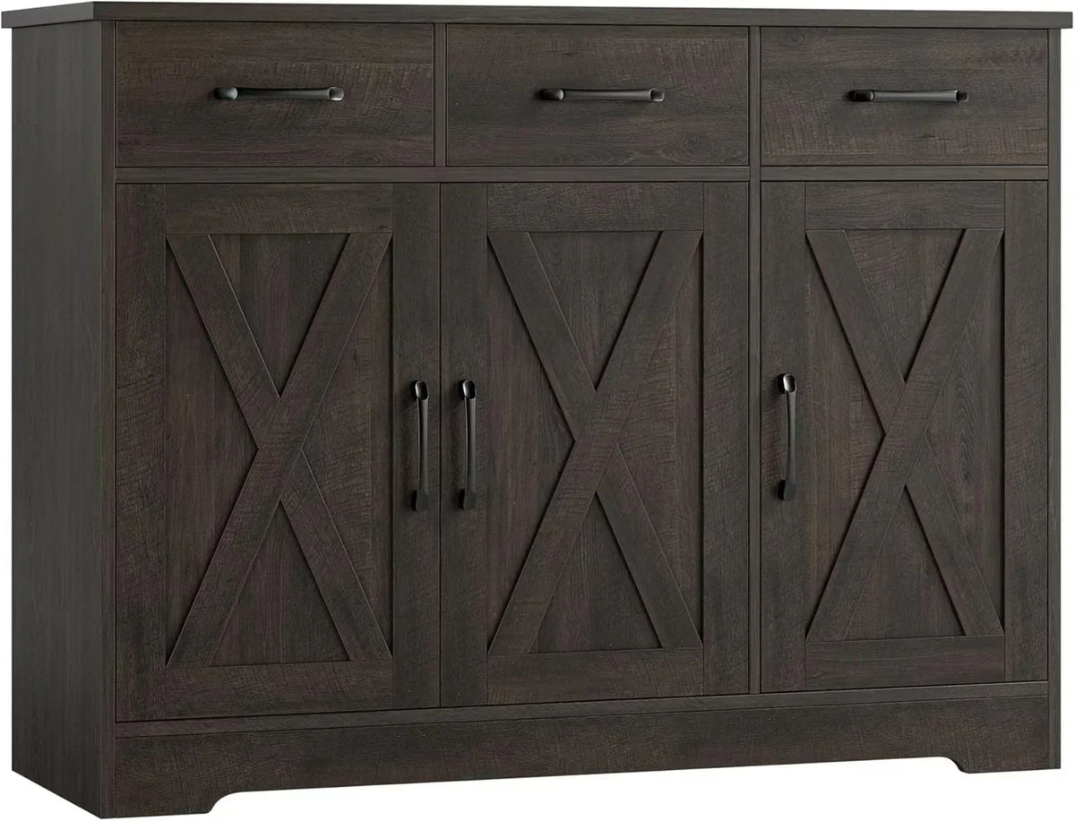 Modern farmhouse sideboard barn door buffet storage cabinet with drawers and shelves