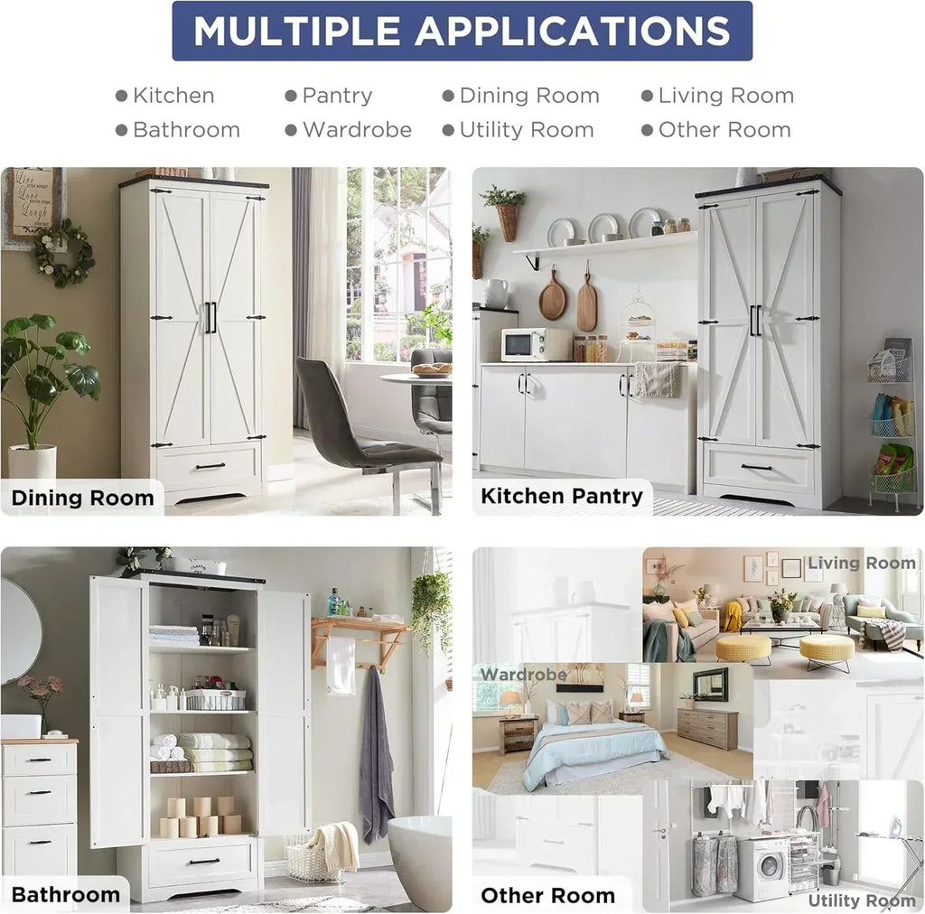 JXQTLINGMU Farmhouse Kitchen Pantry 72 Tall Wood Kitchen Storage Cabinet Adjustable Shelves