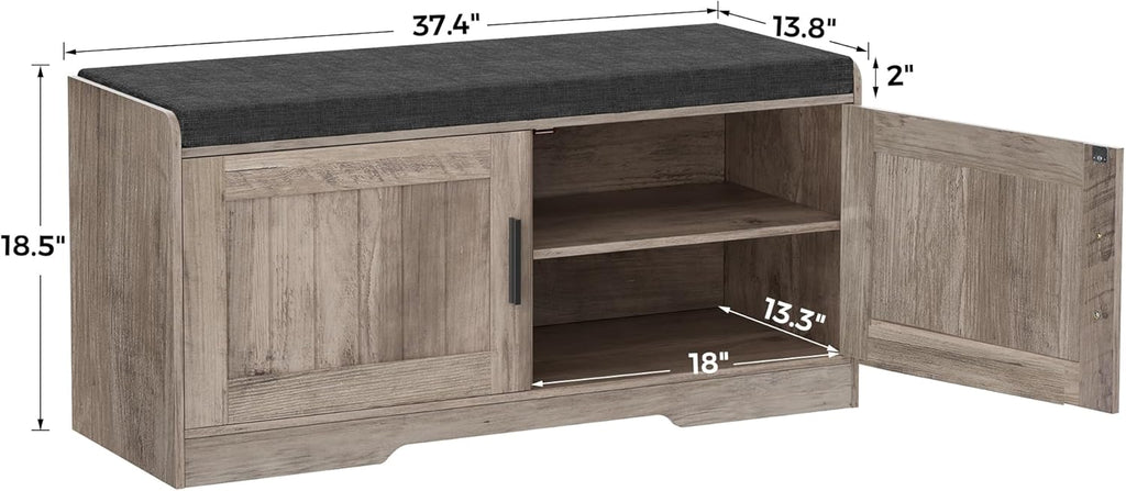 2-Tier Storage Bench, Shoe Bench with Thickened Padded Seat Cushion, Entryway Bench with 4 Doors, Adjustable Shelf, 13.8 D x 45.3 W x 18.5 H, for Entryway, Living Room, Bedroom, White