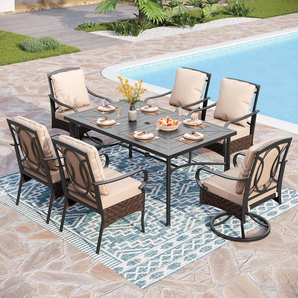 PHI VILLA 6-Piece Outdoor Dining Sets, All-Weather Patio Table and Chairs Set with Umbrella for 4, Heavy Duty Patio Round Table Set for Deck, 4 Extra Large Outdoor Swivel Chairs with Thick Cushions