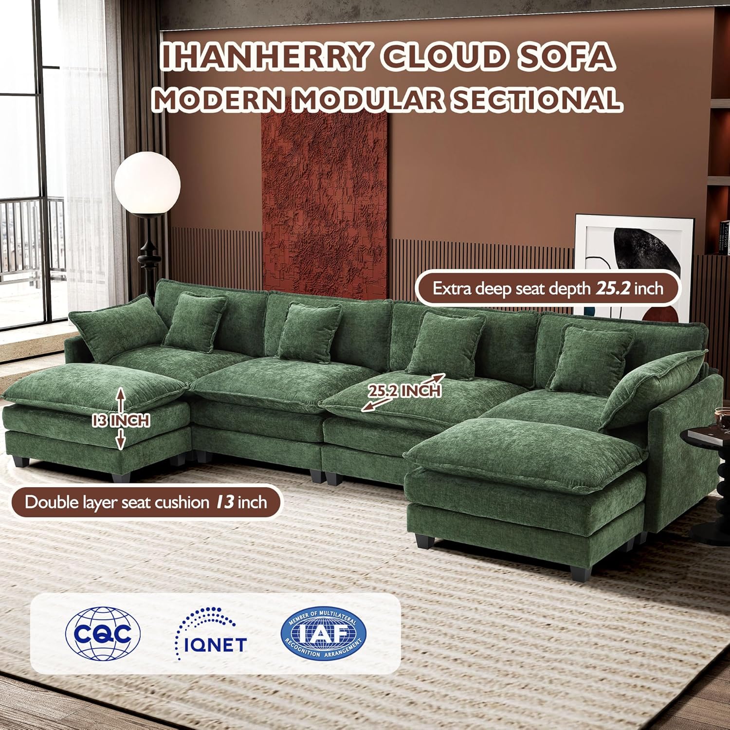 111.4 Inch L Shaped Modern Sofa Modular Cloud Sofa with Ottoman 4 Seater Chenille Deep Seat Sofa
