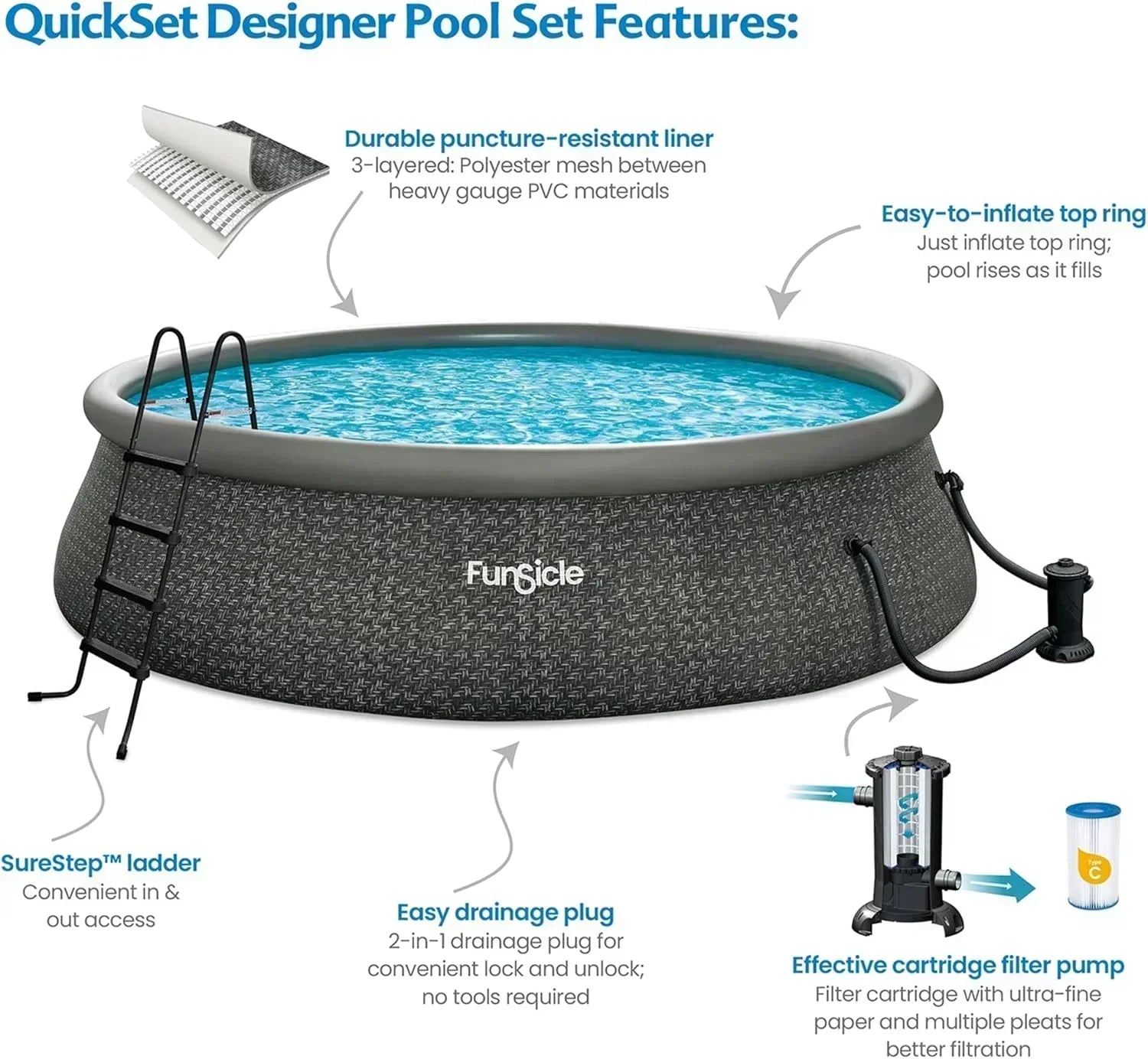 Funsicle 12 Foot by 36 Inch Quickset Round Inflatable Ring Top Outdoor Swimming Pool Set